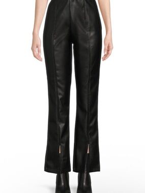Topshop Black Faux Leather Boot Cut Pants with Front Slit